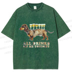 Unisex Funny Dachshund Dog All Drinks on me Tonight Printed Washed Tee