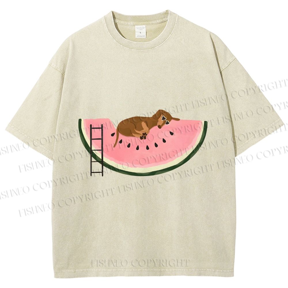 Unisex Dachshund Dog in Watermelon Printed Washed Tee