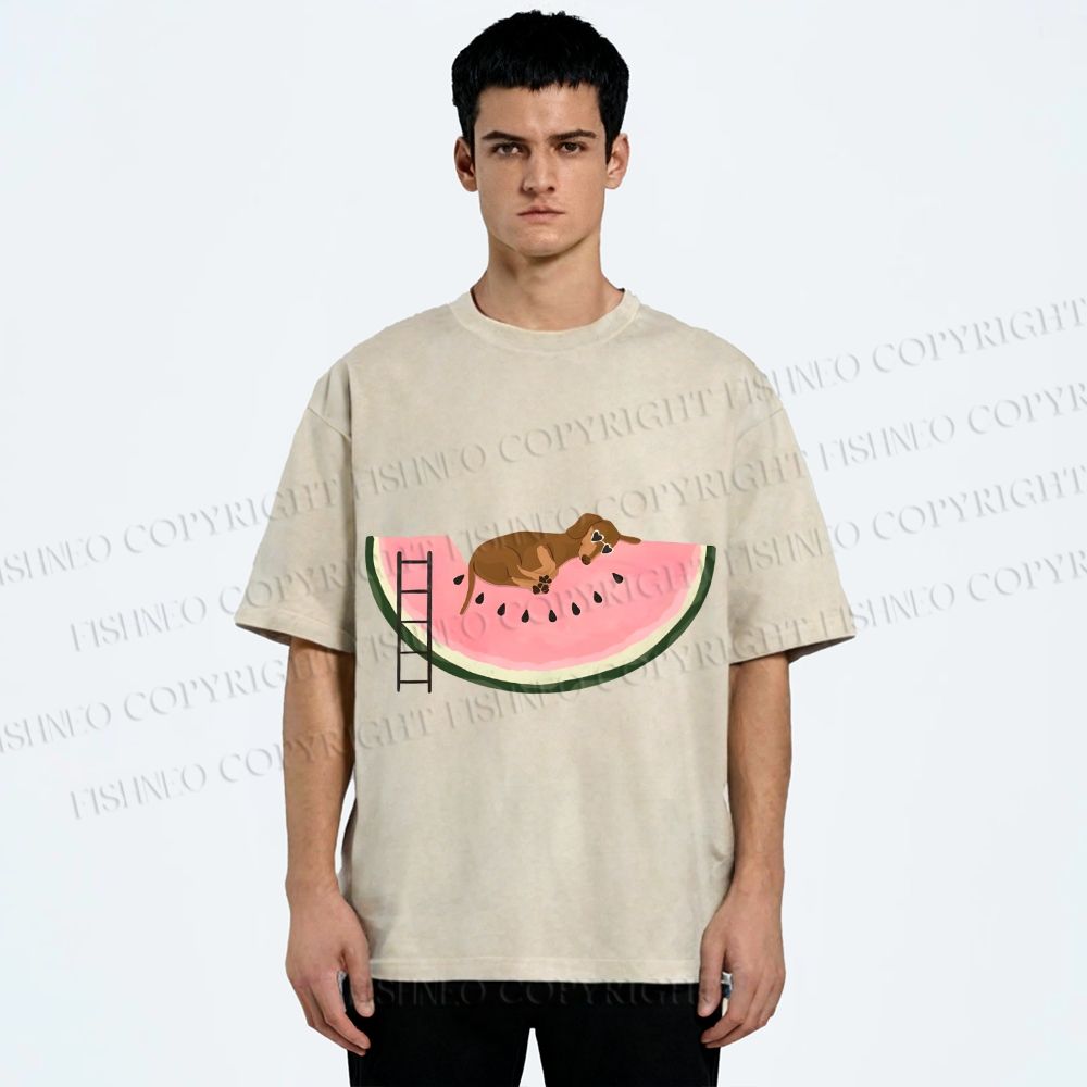 Unisex Dachshund Dog in Watermelon Printed Washed Tee