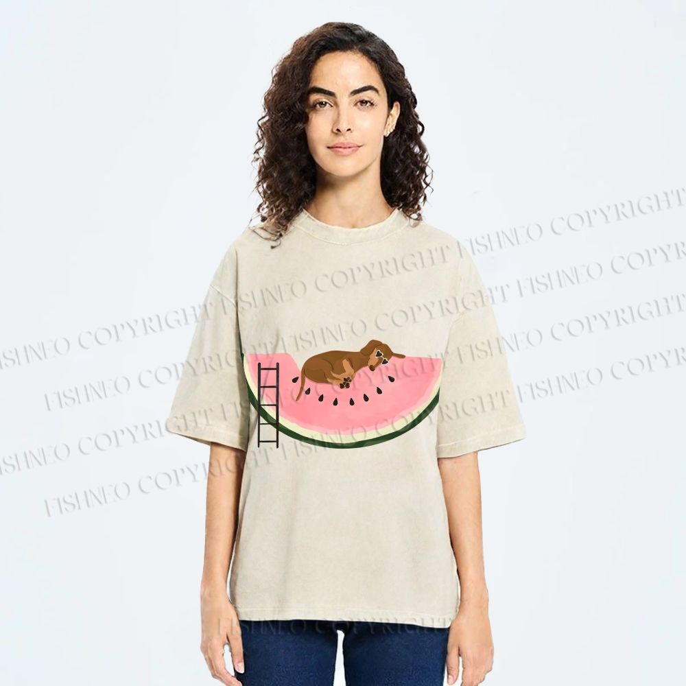 Unisex Dachshund Dog in Watermelon Printed Washed Tee