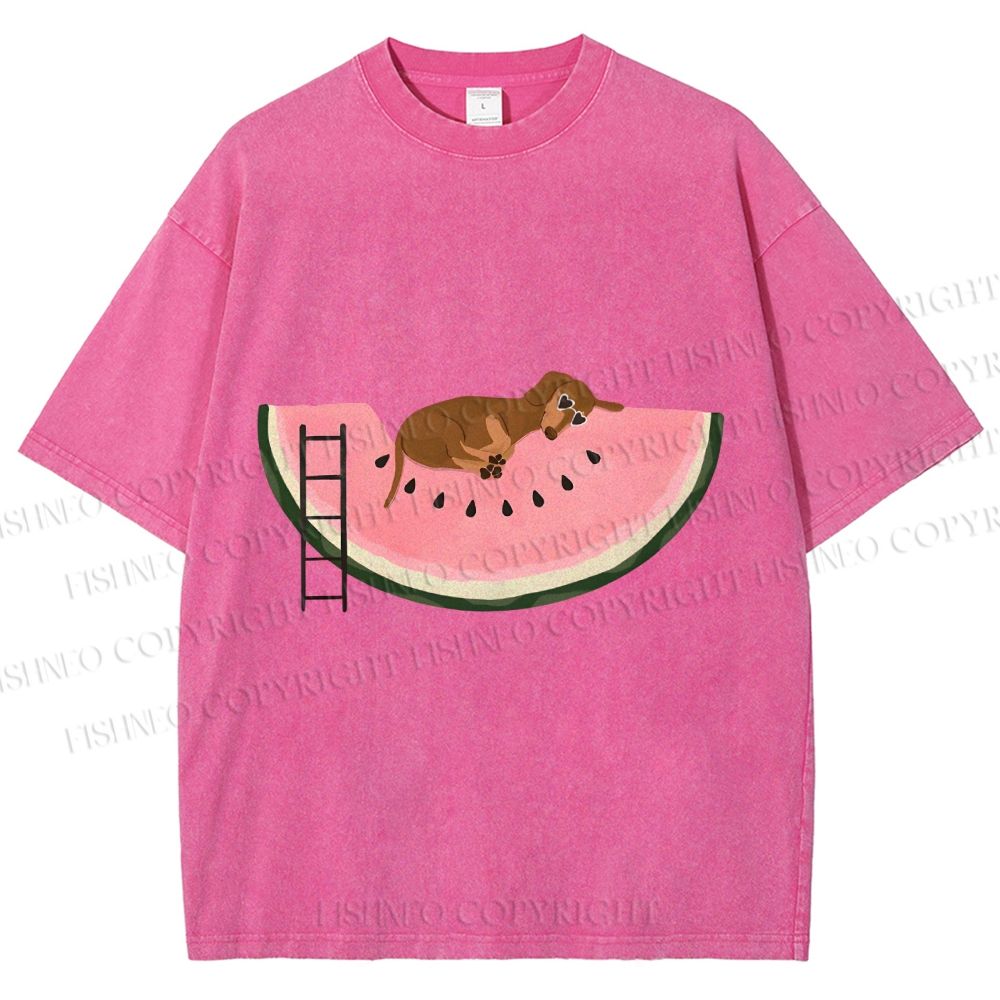 Unisex Dachshund Dog in Watermelon Printed Washed Tee
