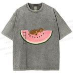 Unisex Dachshund Dog in Watermelon Printed Washed Tee