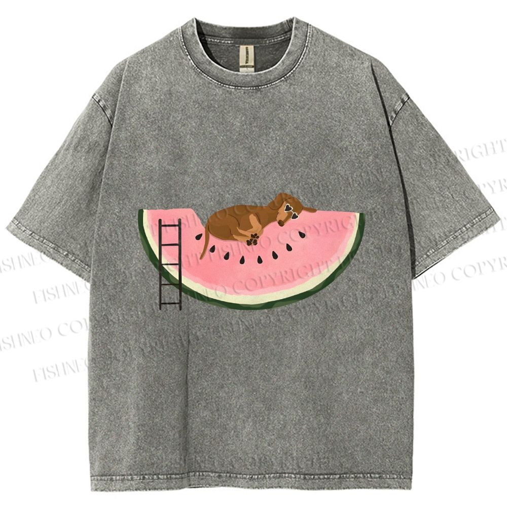Unisex Dachshund Dog in Watermelon Printed Washed Tee