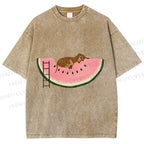 Unisex Dachshund Dog in Watermelon Printed Washed Tee
