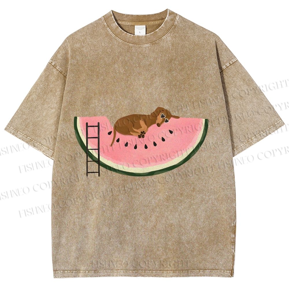 Unisex Dachshund Dog in Watermelon Printed Washed Tee