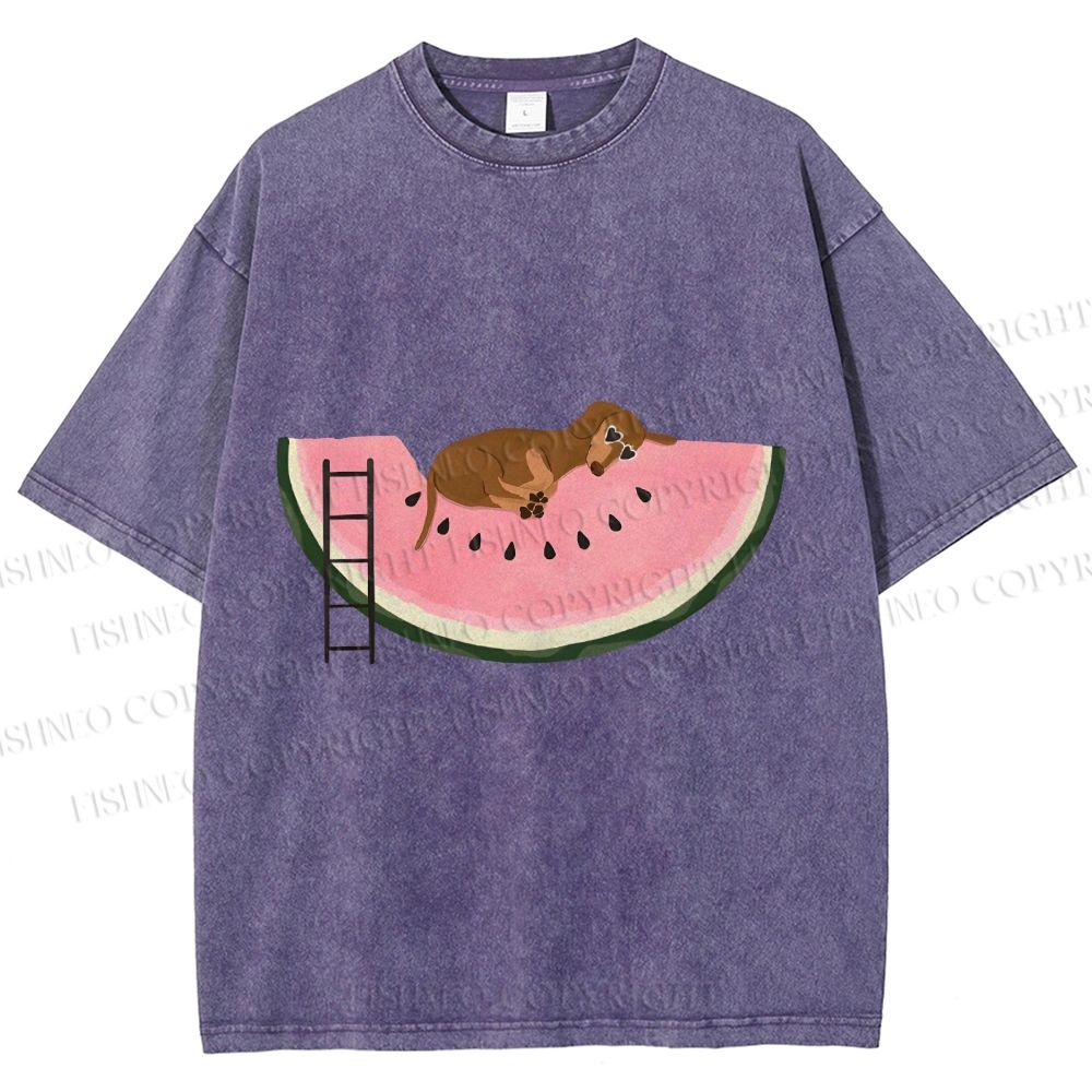 Unisex Dachshund Dog in Watermelon Printed Washed Tee
