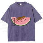 Unisex Dachshund Dog in Watermelon Printed Washed Tee