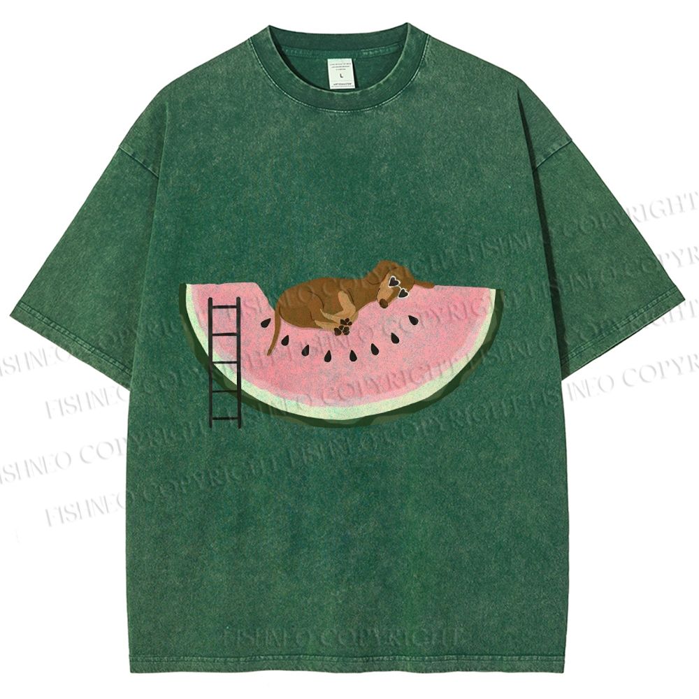 Unisex Dachshund Dog in Watermelon Printed Washed Tee