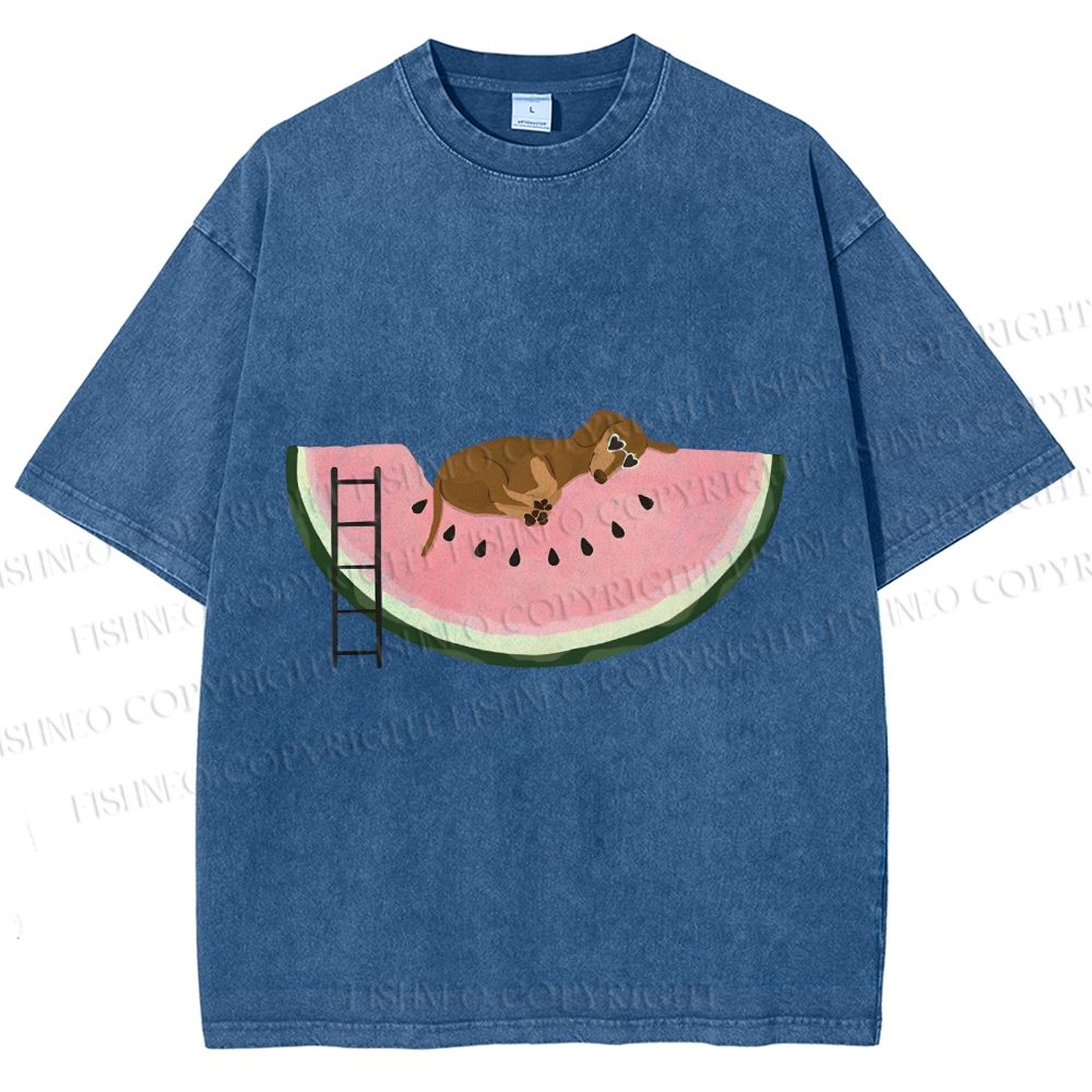 Unisex Dachshund Dog in Watermelon Printed Washed Tee