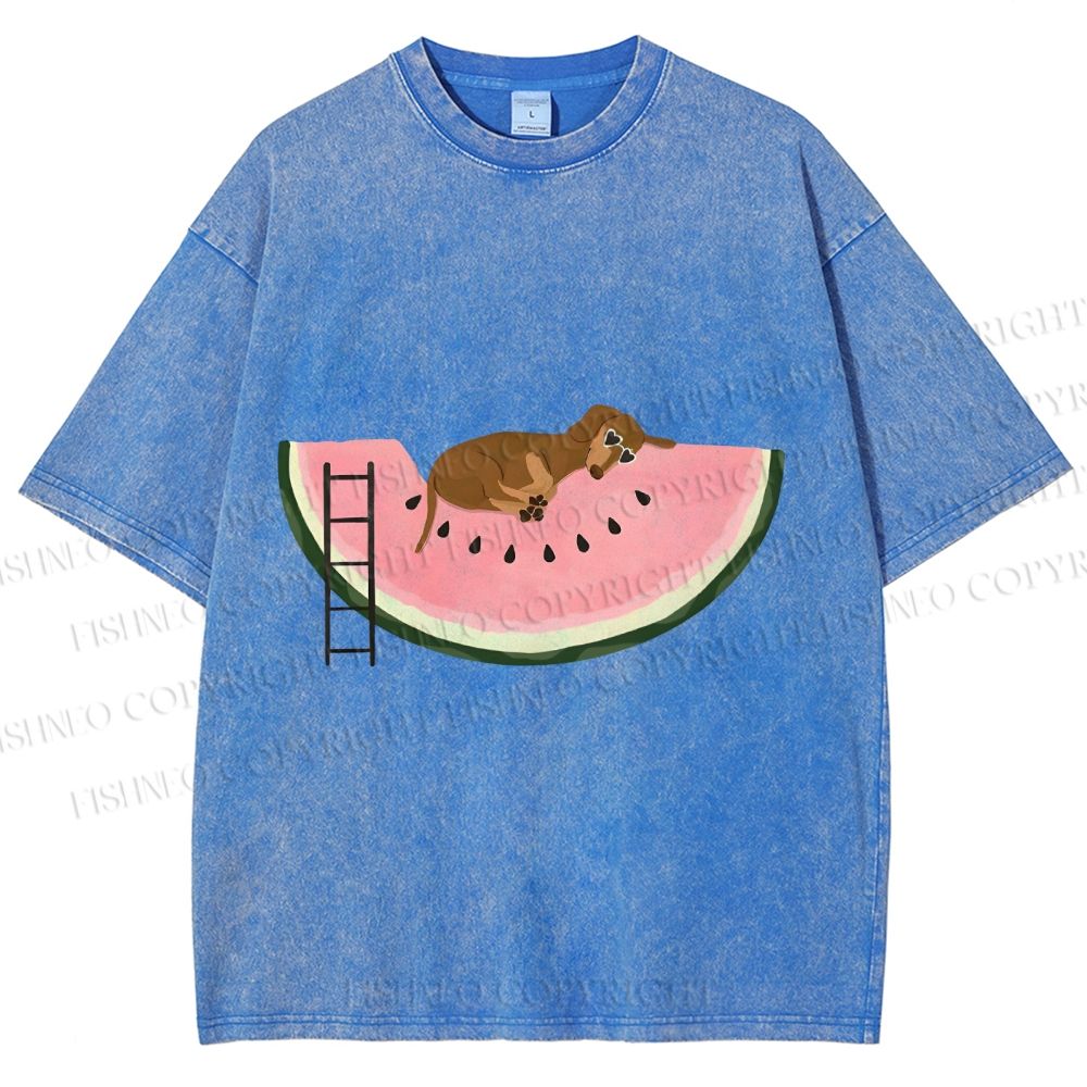 Unisex Dachshund Dog in Watermelon Printed Washed Tee