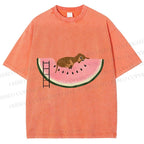 Unisex Dachshund Dog in Watermelon Printed Washed Tee