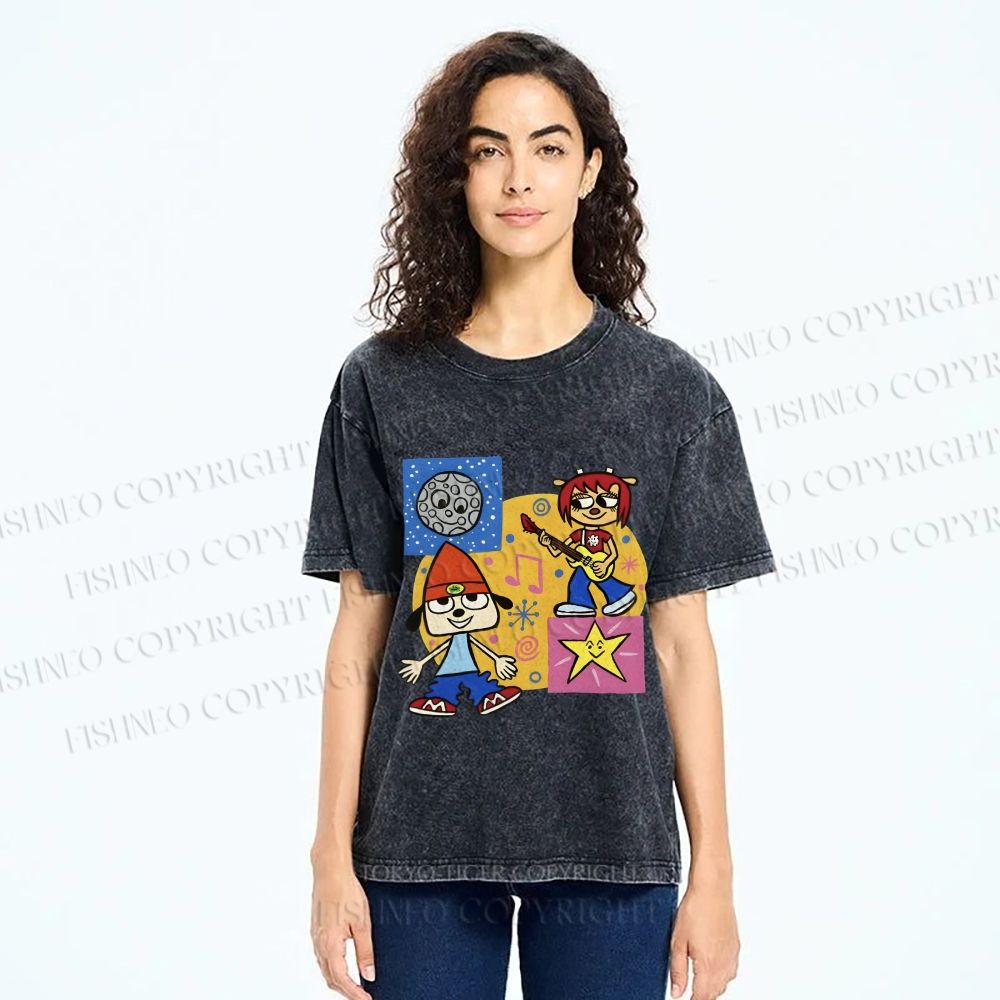 Unisex Parappa the Rapper Dog Graffiti Printed Washed Tee