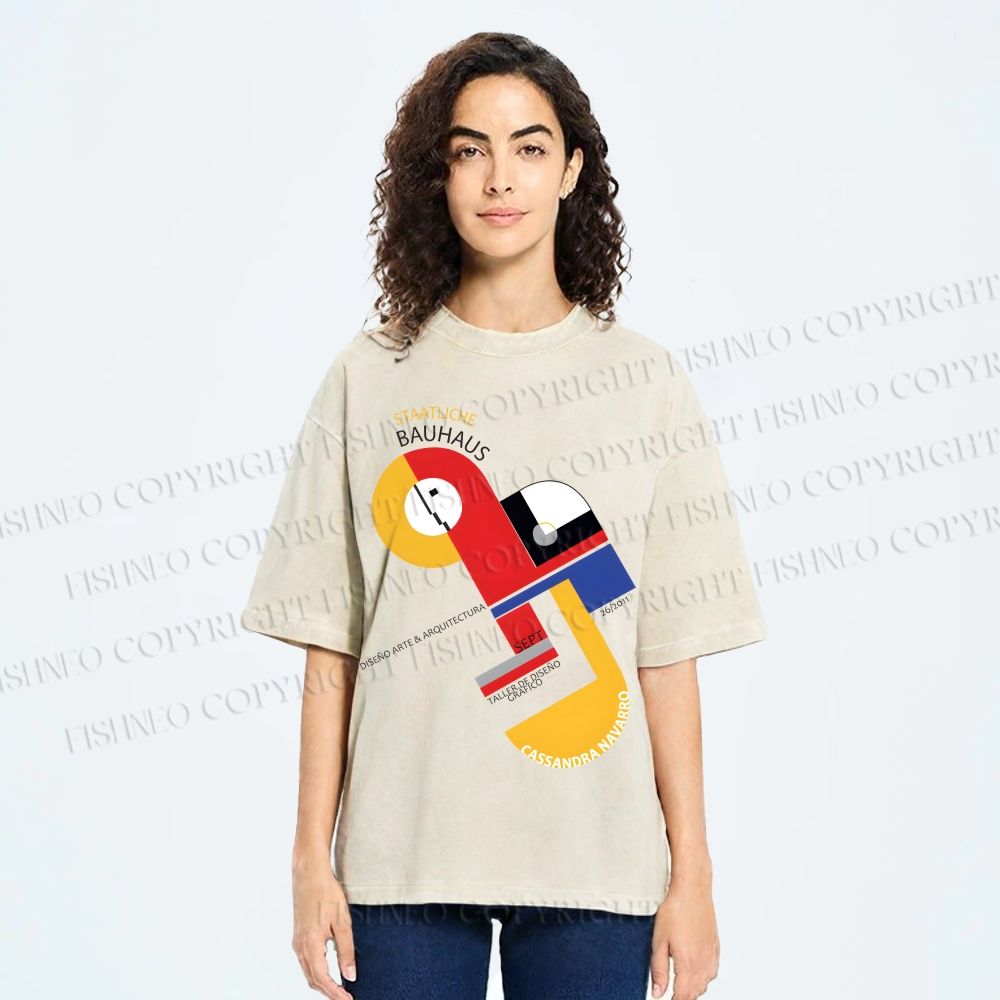 Unisex Bauhaus Geometric Design Printed Washed Tee
