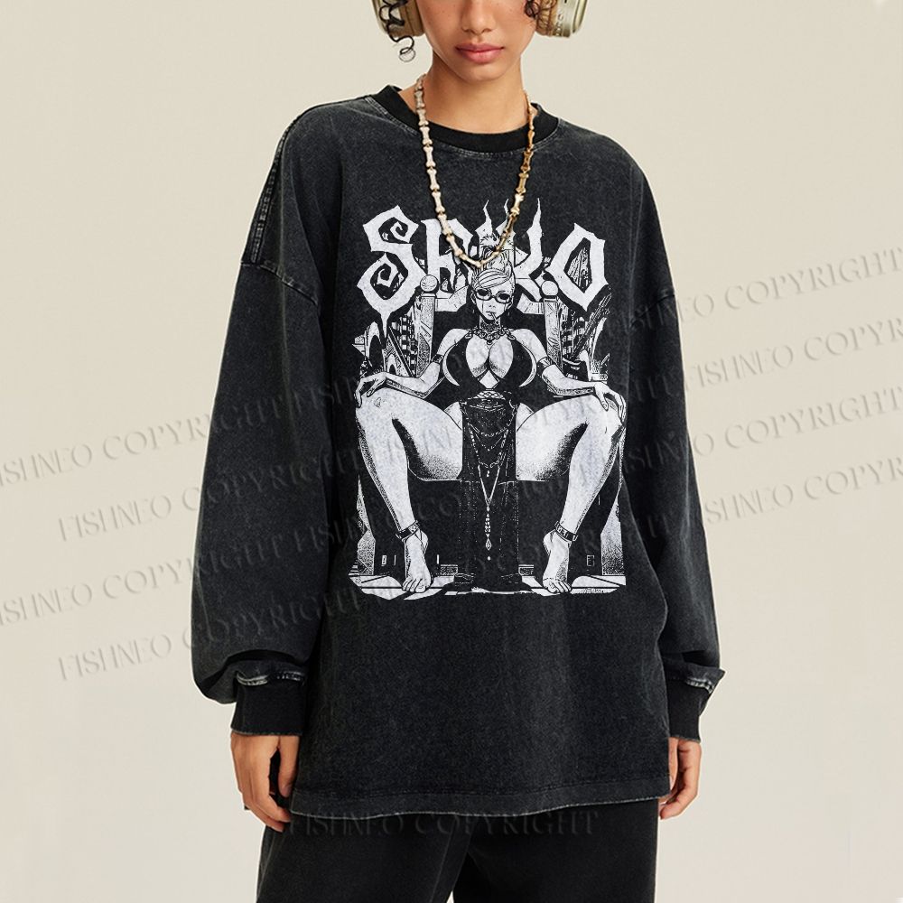 Unisex Casual Washed Vintage Anime Woman Printed Long Sleeve T-shirt