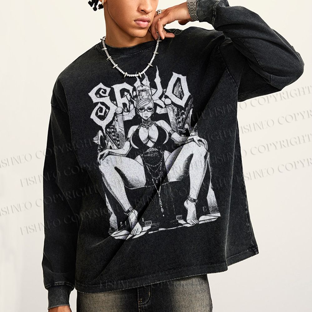 Unisex Casual Washed Vintage Anime Woman Printed Long Sleeve T-shirt