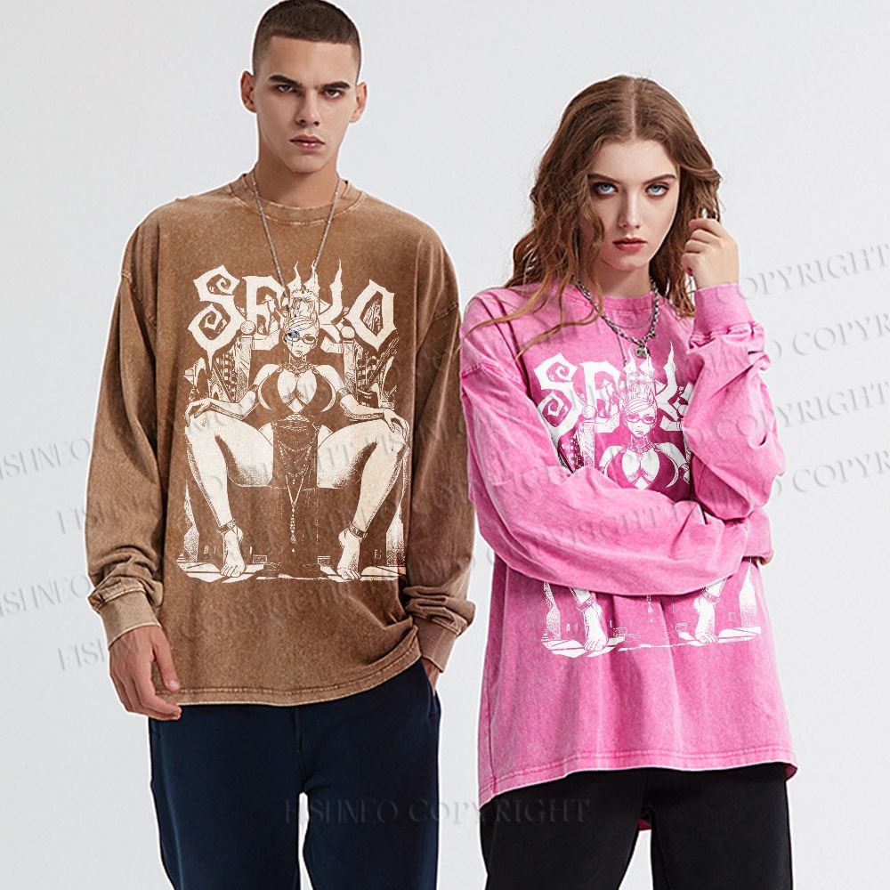 Unisex Casual Washed Vintage Anime Woman Printed Long Sleeve T-shirt