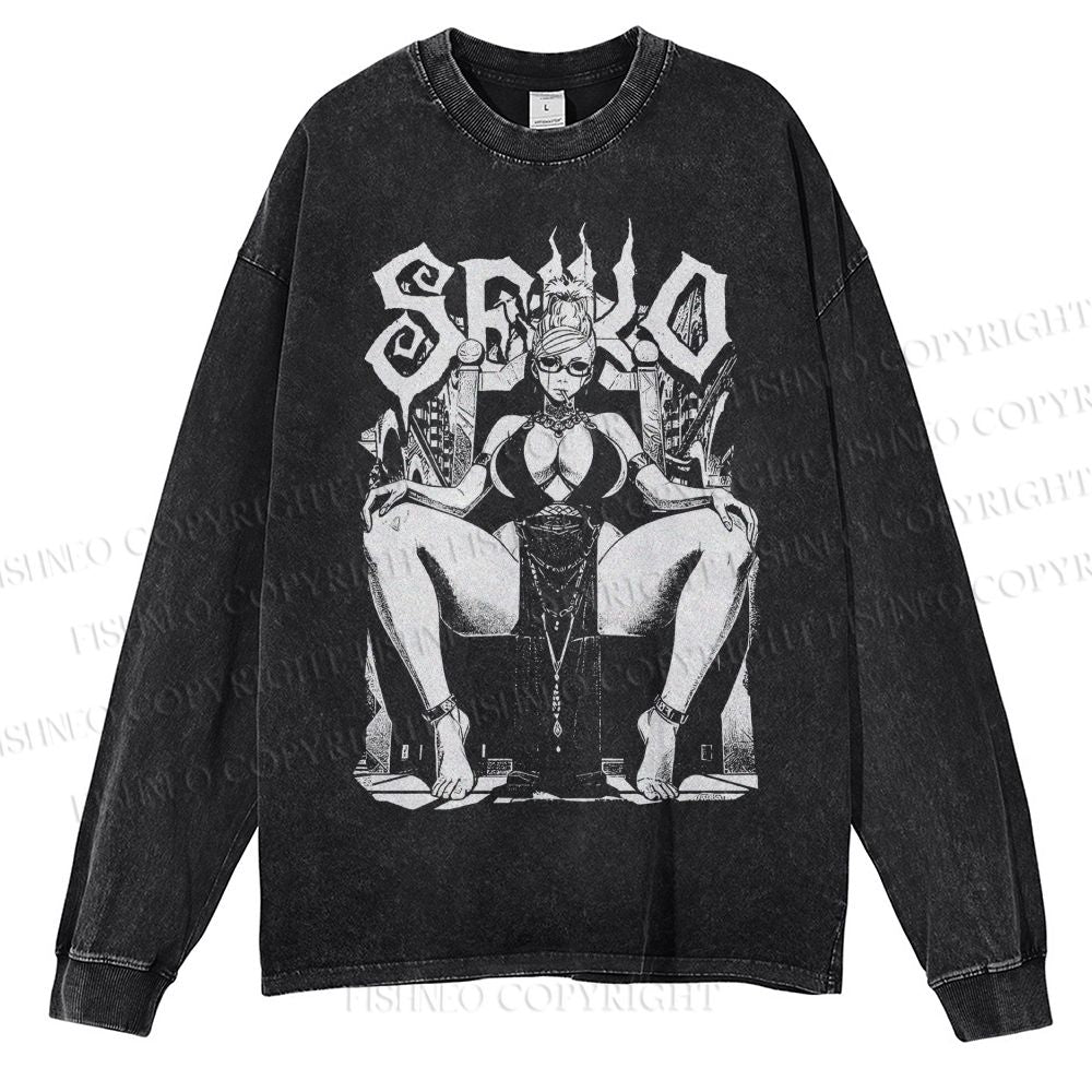 Unisex Casual Washed Vintage Anime Woman Printed Long Sleeve T-shirt