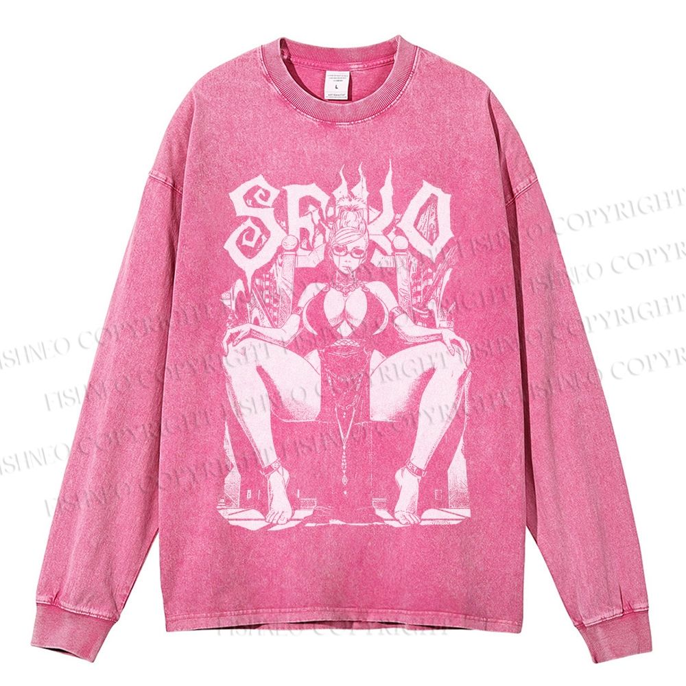 Unisex Casual Washed Vintage Anime Woman Printed Long Sleeve T-shirt