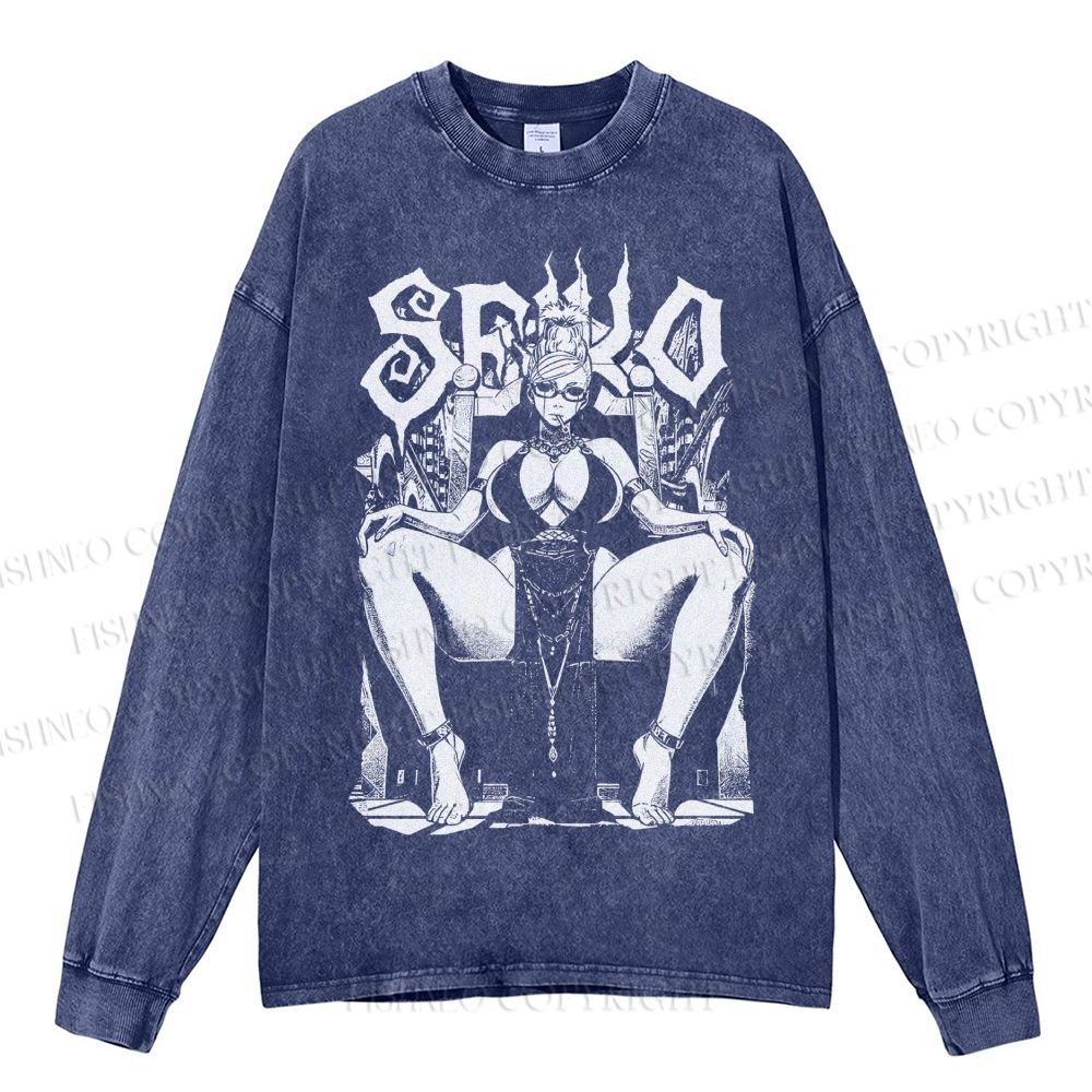 Unisex Casual Washed Vintage Anime Woman Printed Long Sleeve T-shirt