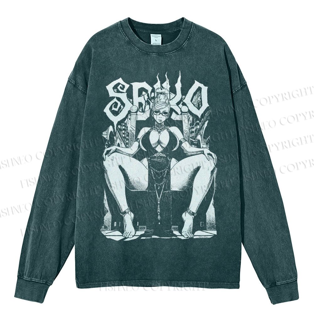 Unisex Casual Washed Vintage Anime Woman Printed Long Sleeve T-shirt
