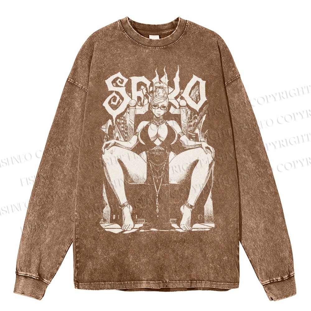 Unisex Casual Washed Vintage Anime Woman Printed Long Sleeve T-shirt