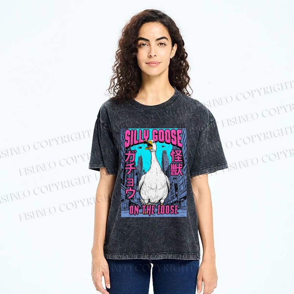 Unisex Silly Goose On The Loose Funny Monster Printed Washed Tee