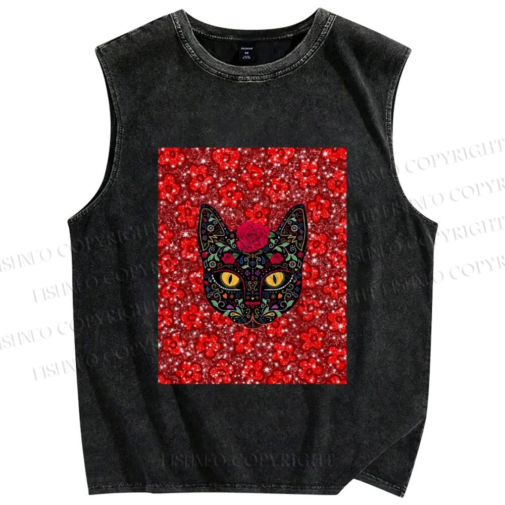 Unisex Artistic Flower Cat Printed Washed Tank Top