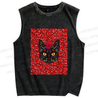 Unisex Artistic Flower Cat Printed Washed Tank Top