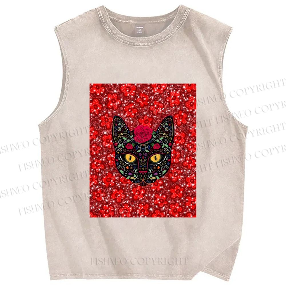 Unisex Artistic Flower Cat Printed Washed Tank Top
