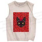 Unisex Artistic Flower Cat Printed Washed Tank Top