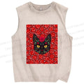 Unisex Artistic Flower Cat Printed Washed Tank Top