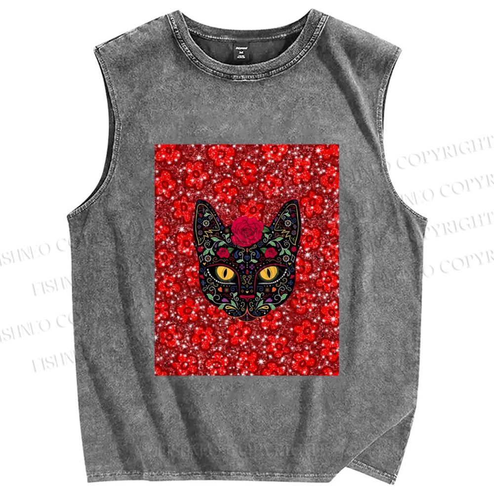 Unisex Artistic Flower Cat Printed Washed Tank Top