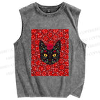 Unisex Artistic Flower Cat Printed Washed Tank Top