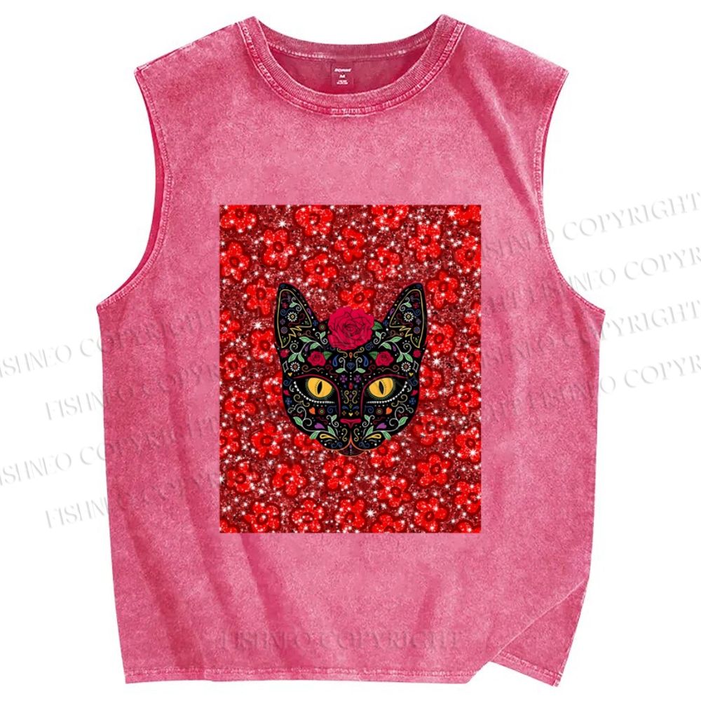 Unisex Artistic Flower Cat Printed Washed Tank Top