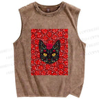 Unisex Artistic Flower Cat Printed Washed Tank Top