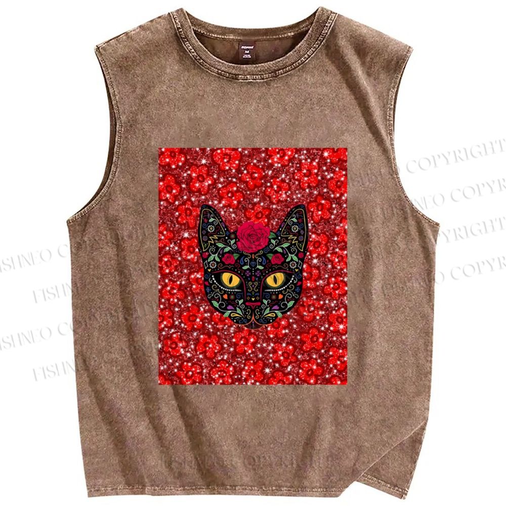 Unisex Artistic Flower Cat Printed Washed Tank Top