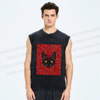 Unisex Artistic Flower Cat Printed Washed Tank Top