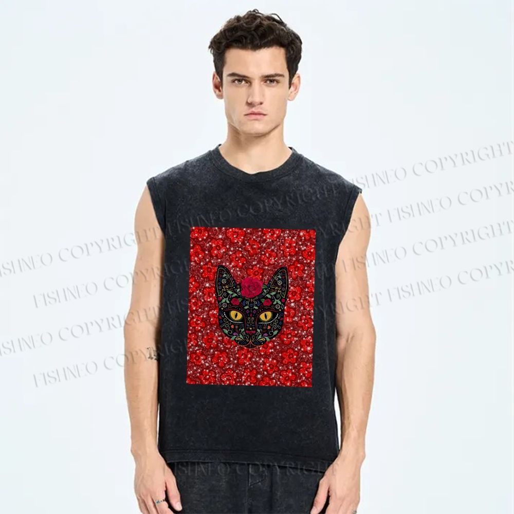 Unisex Artistic Flower Cat Printed Washed Tank Top