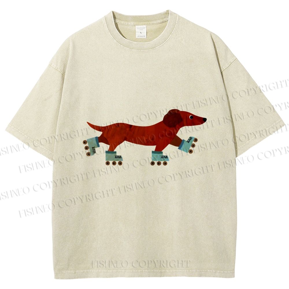 Unisex Roller Skating Dachshund Dog Printed Washed Tee