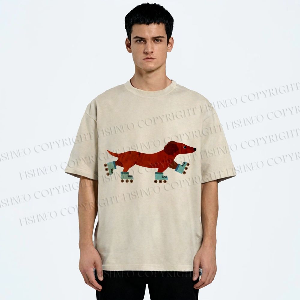 Unisex Roller Skating Dachshund Dog Printed Washed Tee