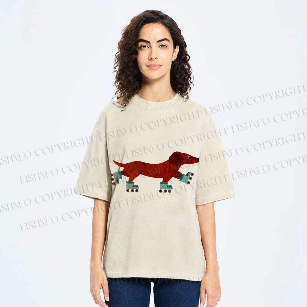 Unisex Roller Skating Dachshund Dog Printed Washed Tee