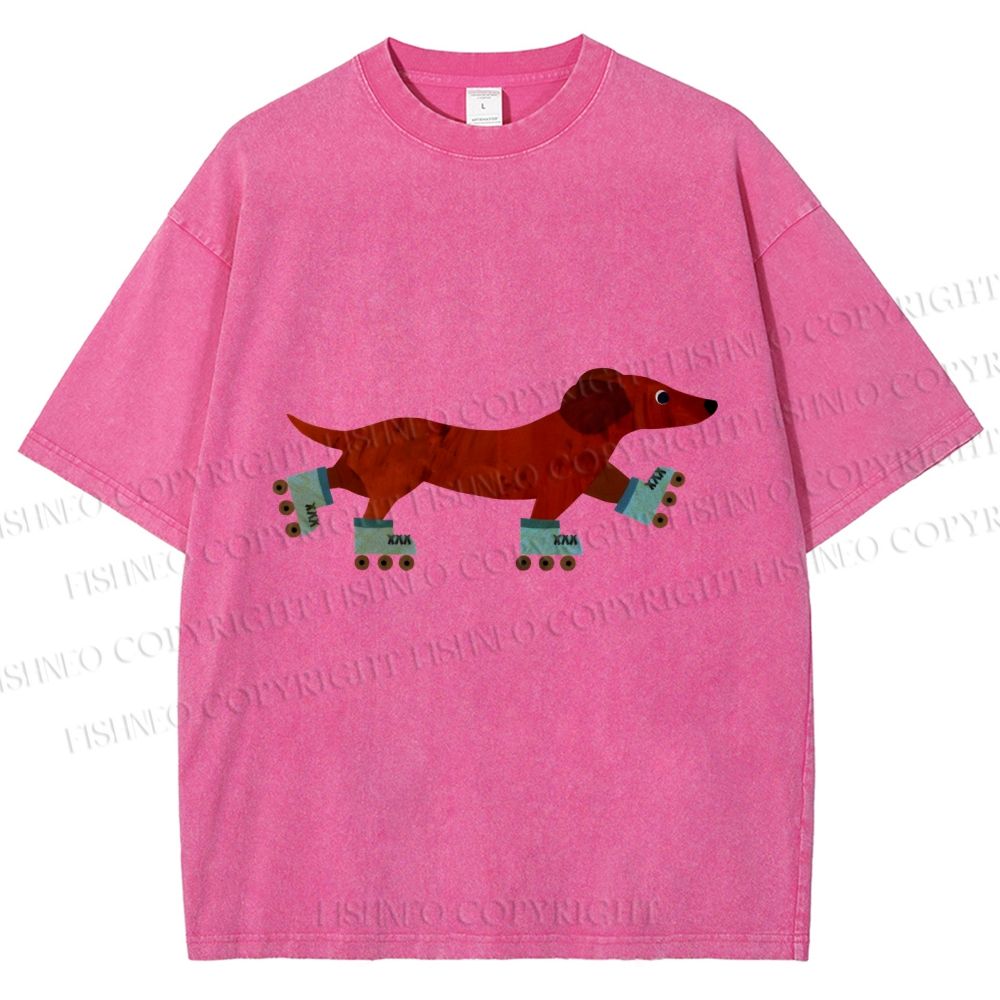 Unisex Roller Skating Dachshund Dog Printed Washed Tee