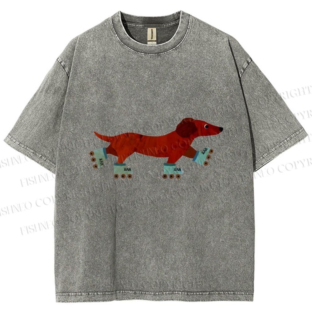 Unisex Roller Skating Dachshund Dog Printed Washed Tee