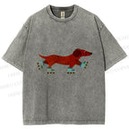 Unisex Roller Skating Dachshund Dog Printed Washed Tee