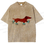 Unisex Roller Skating Dachshund Dog Printed Washed Tee