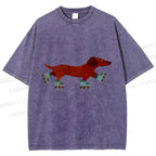 Unisex Roller Skating Dachshund Dog Printed Washed Tee
