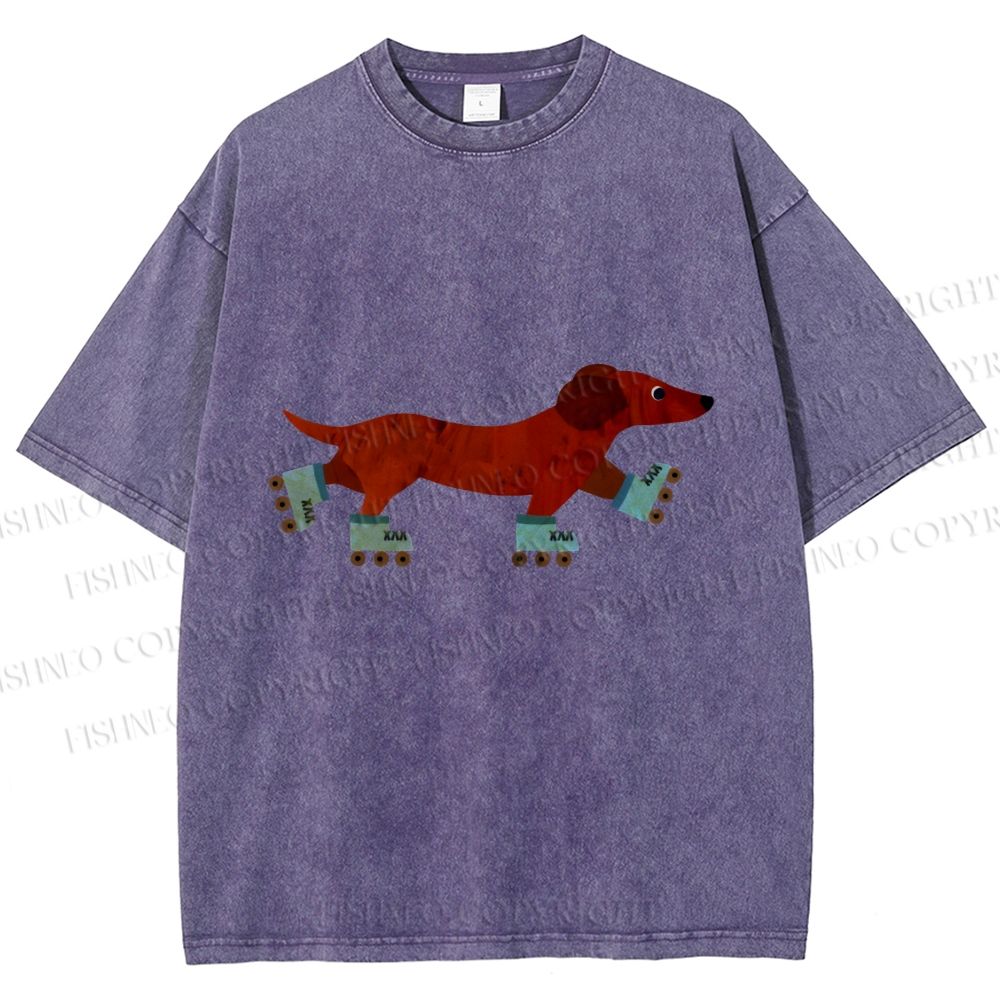 Unisex Roller Skating Dachshund Dog Printed Washed Tee
