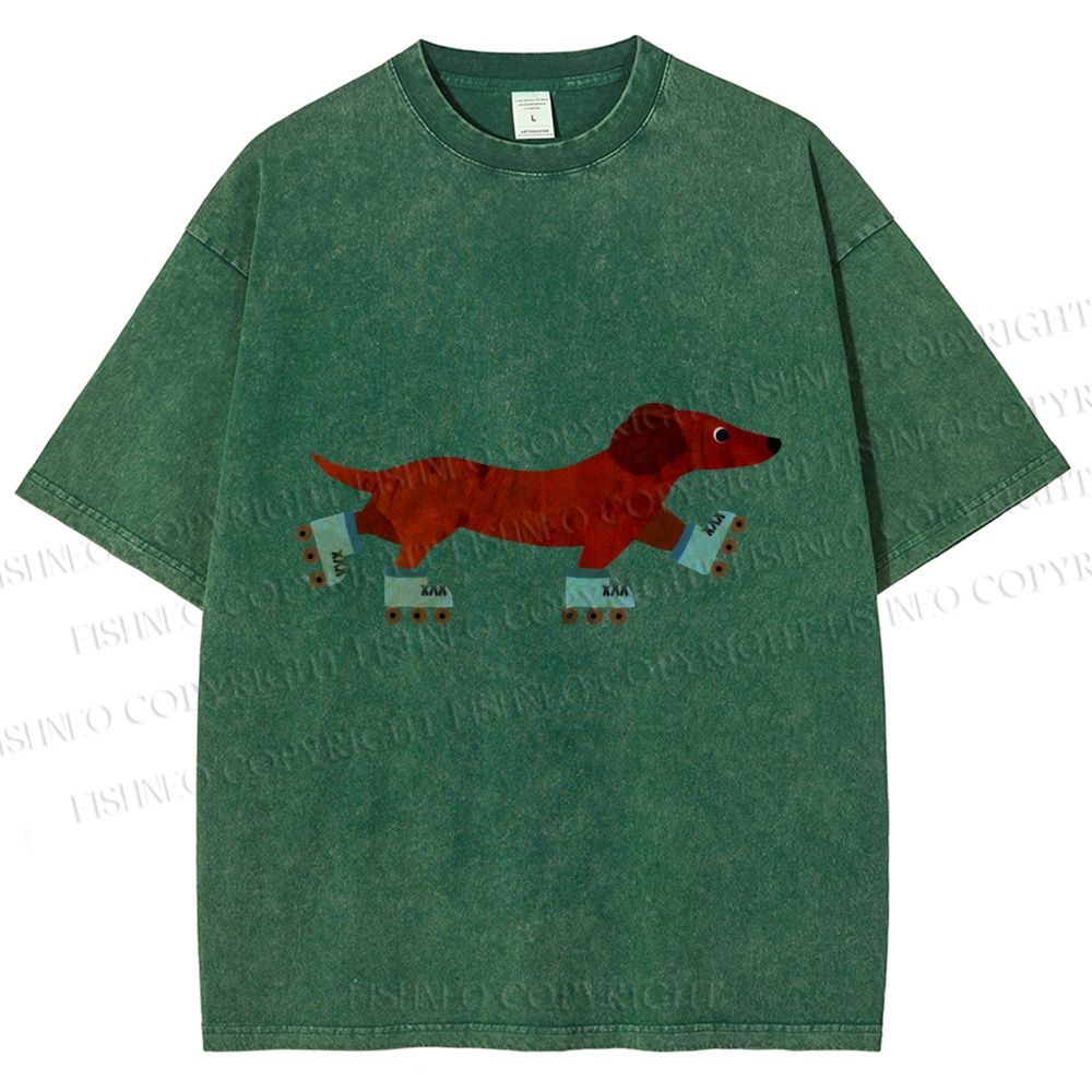 Unisex Roller Skating Dachshund Dog Printed Washed Tee