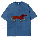 Unisex Roller Skating Dachshund Dog Printed Washed Tee