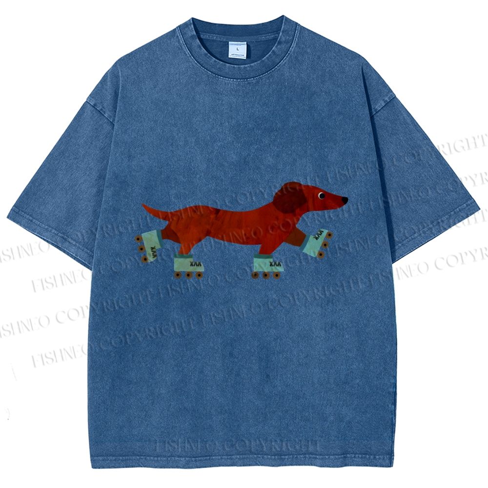 Unisex Roller Skating Dachshund Dog Printed Washed Tee
